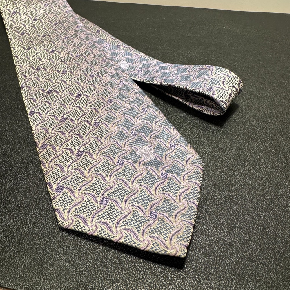 Versace‎ Medusa Tie Purple Silver Geometric Jacquard VTG Silk Italy Old Money